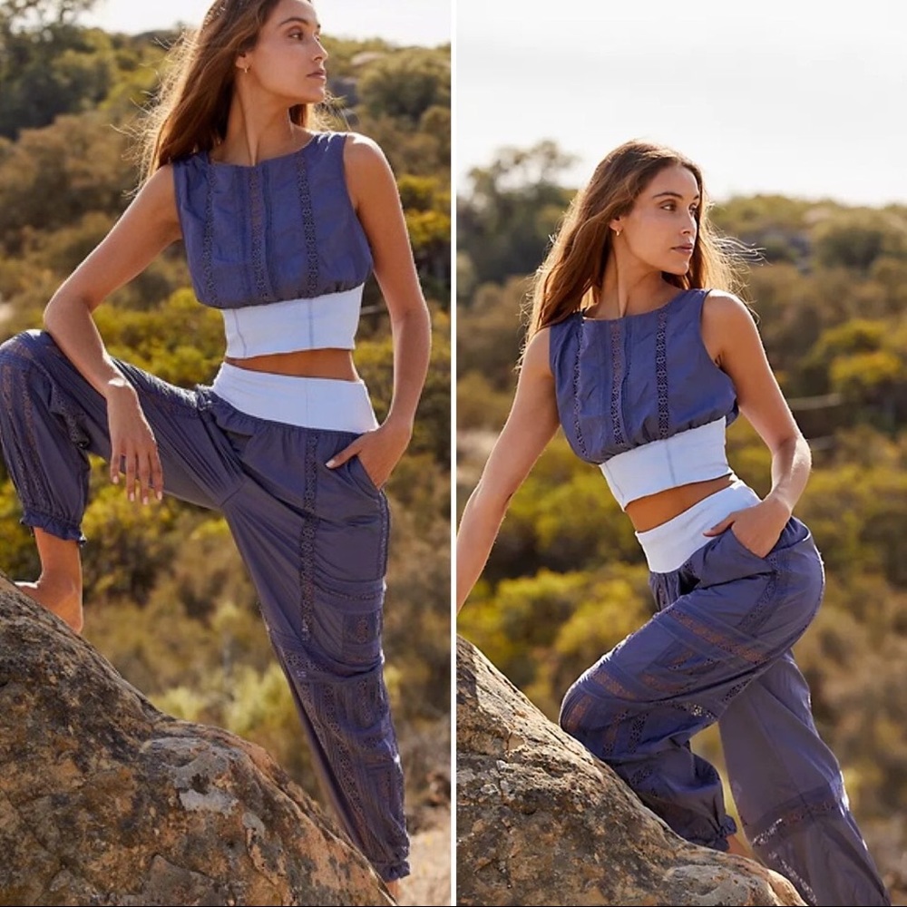 Free People Movement Oh Hey Applique Pants S, M, L Blue High-Rise Eyelet Joggers